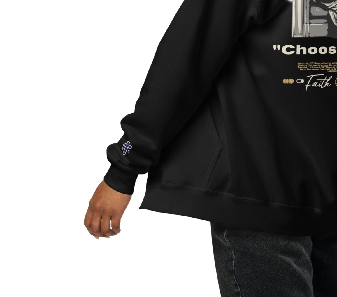 “Choose Wisely” Graphic Sweater with Embroidered Sleeve Logo